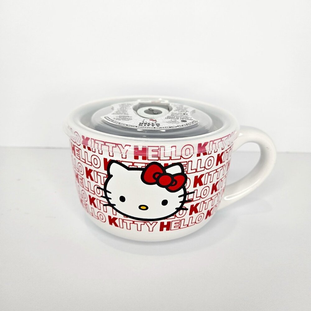 Hello Kitty Red White Ceramic Large Soup Bowl Mug with Steam Release Lid 24oz